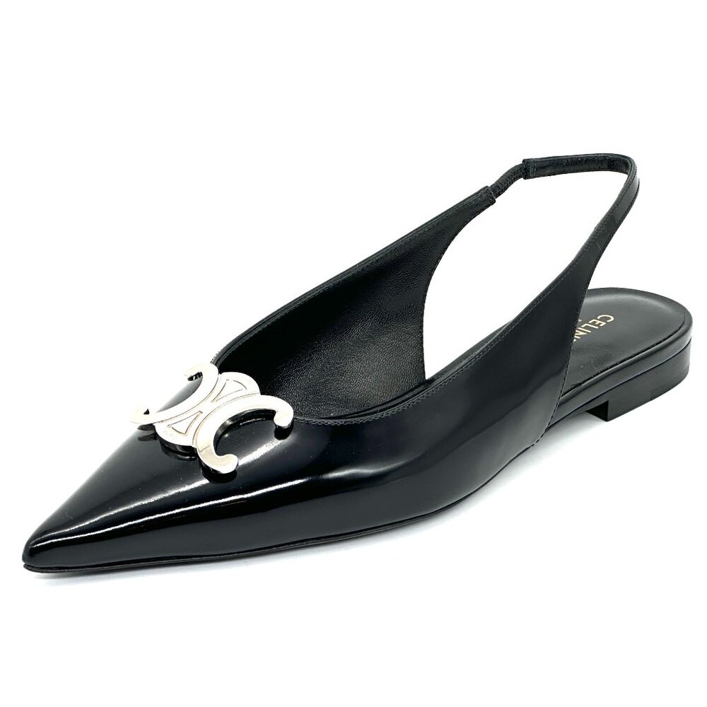 CELINE Alma Triomphe Logo Glossy Leather Flat Slingback Sandals Shoes - Picture 4 of 14
